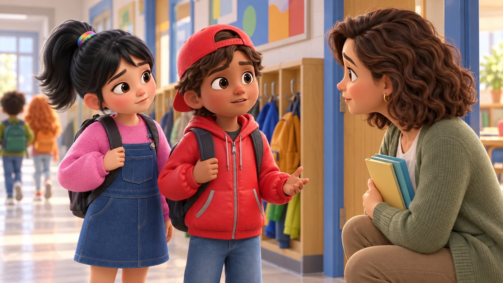 A boy with his backpack turns toward a teacher while a classmate waits beside him.