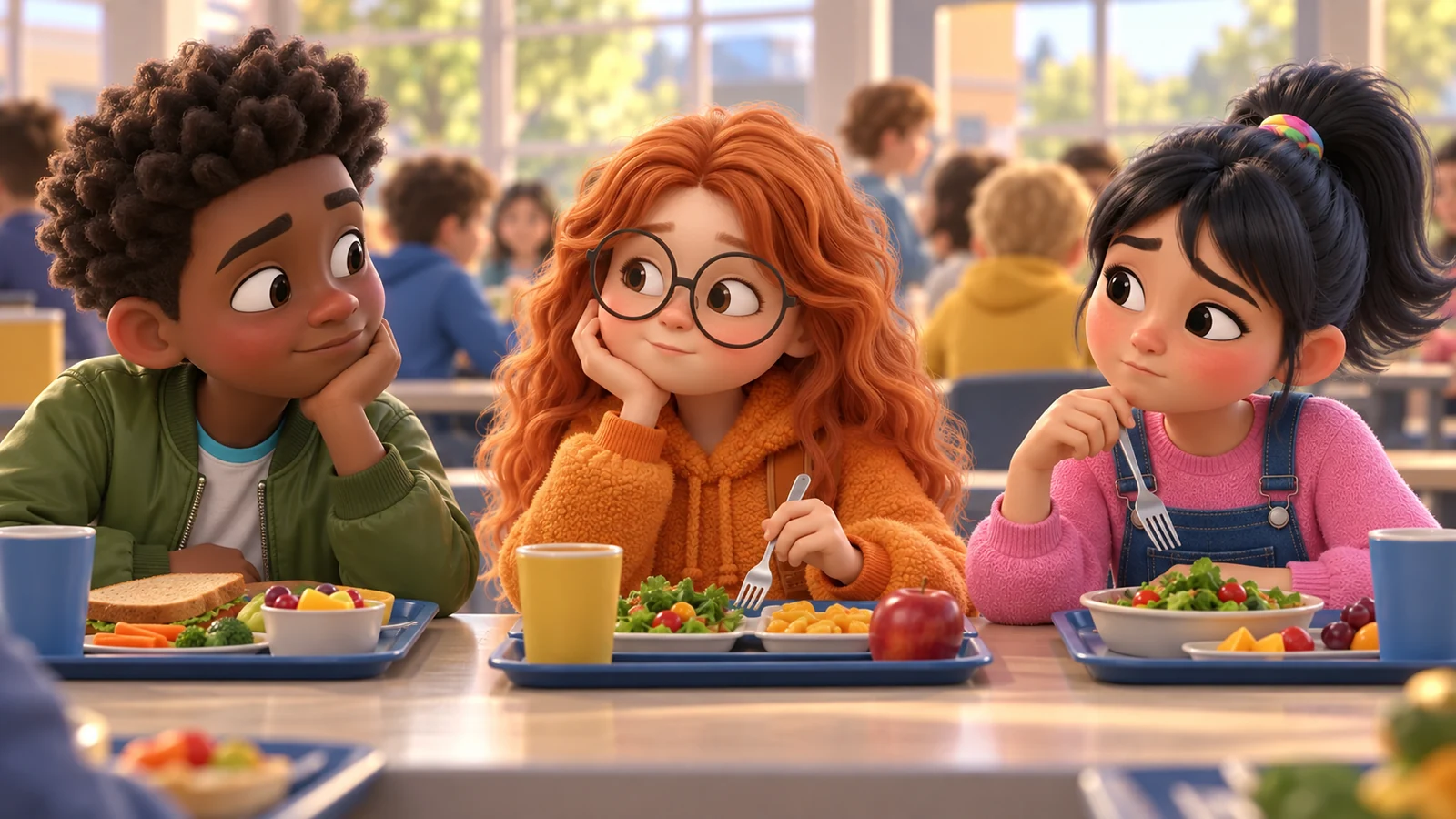 Three children sit with their lunches, waiting for someone to begin a conversation.