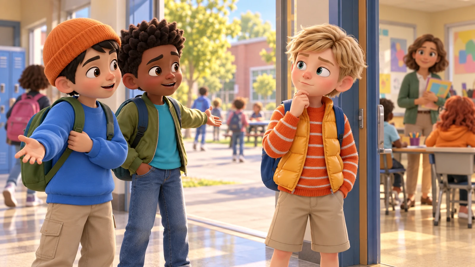 A boy pauses near a classroom doorway while two friends gesture toward the courtyard.