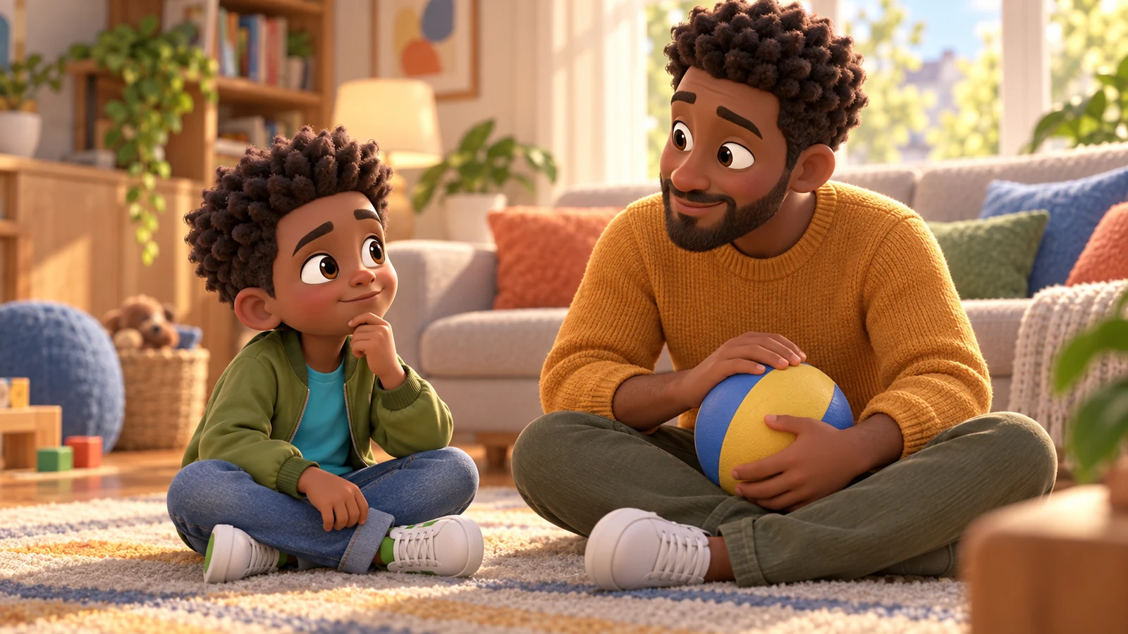 A boy practices joining a game with his father, who holds a ball on his lap.