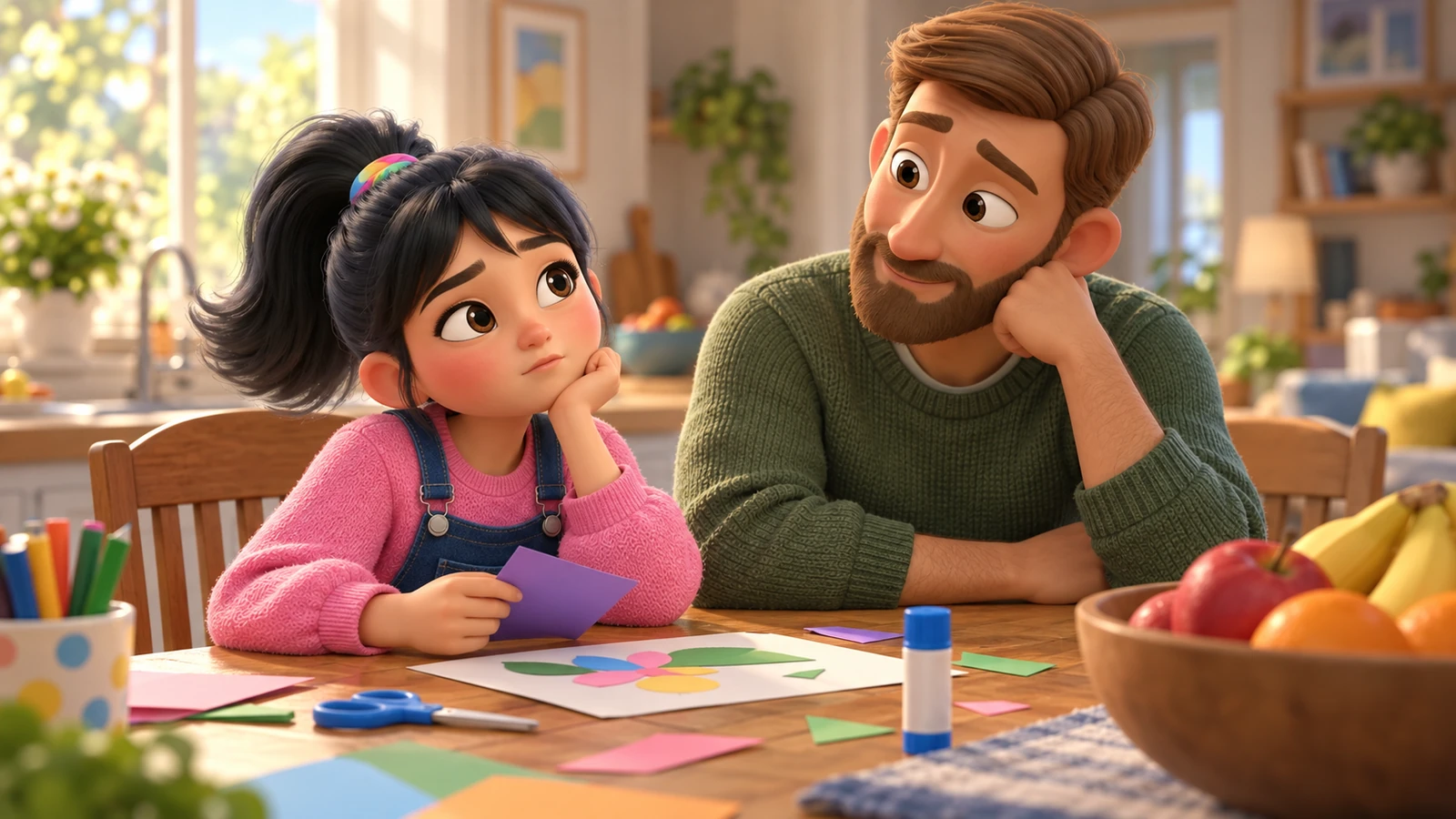 A girl pauses beside an unfinished craft project while her dad listens at the dining table.