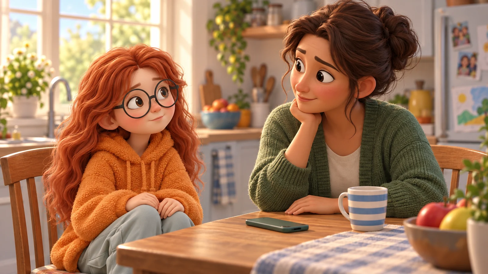 A mom sets her phone aside and listens to her daughter before deciding whom to contact.