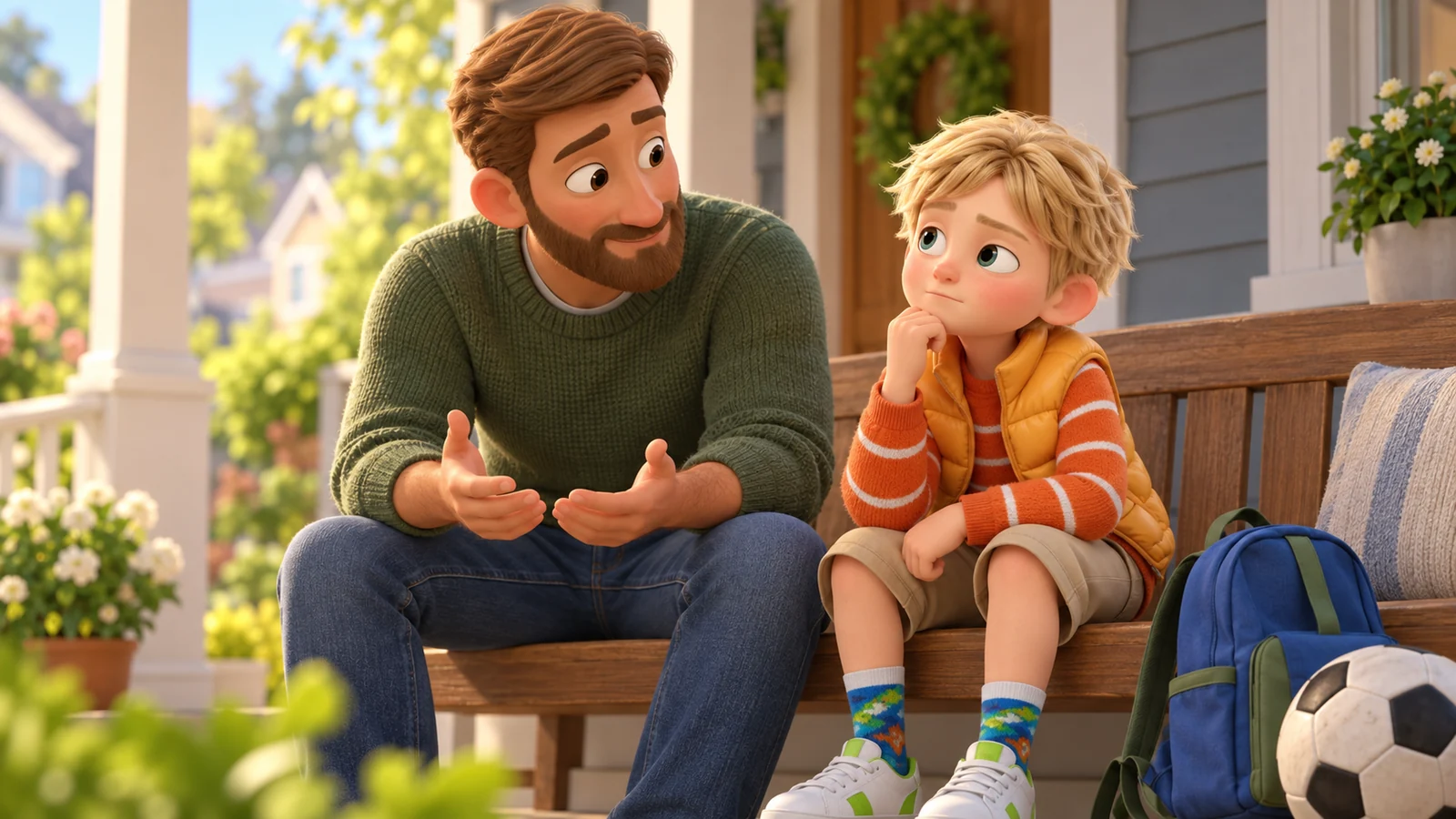 A father listens beside his son on a porch bench, with a schoolbag and ball nearby.
