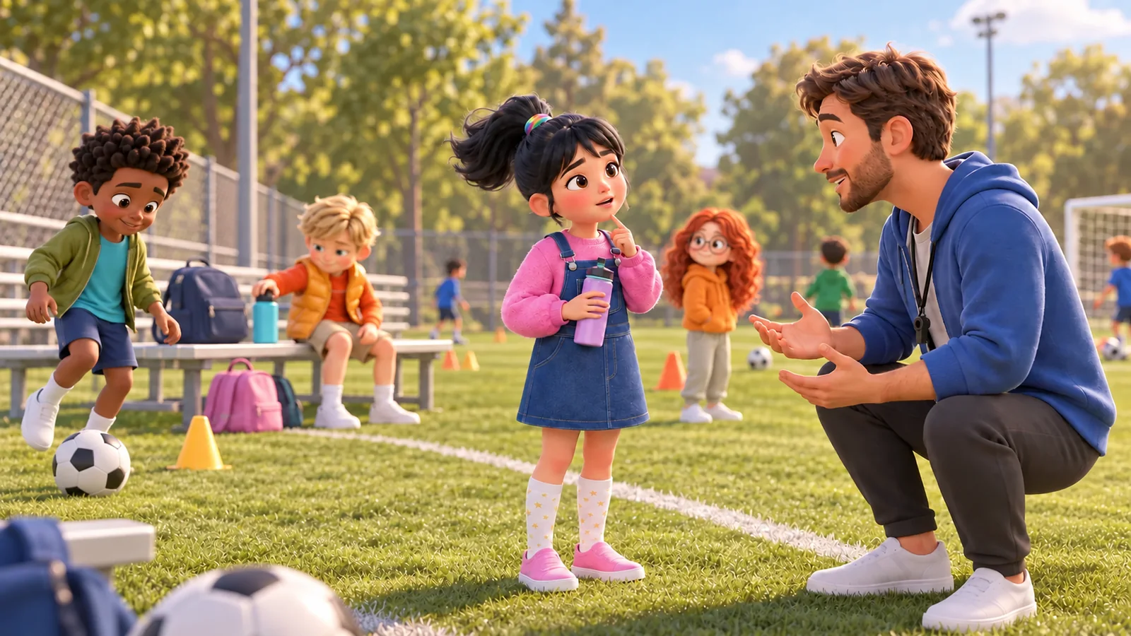 A girl holding a water bottle faces a coach while other children play and rest nearby.