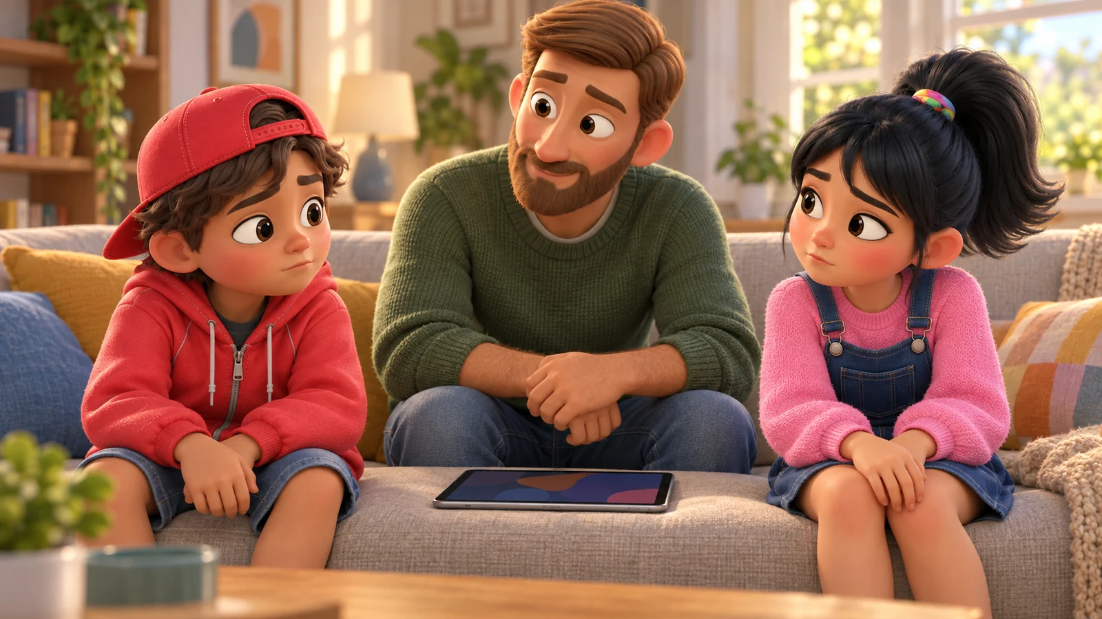 Two siblings pause beside a tablet on the sofa while their father waits nearby.