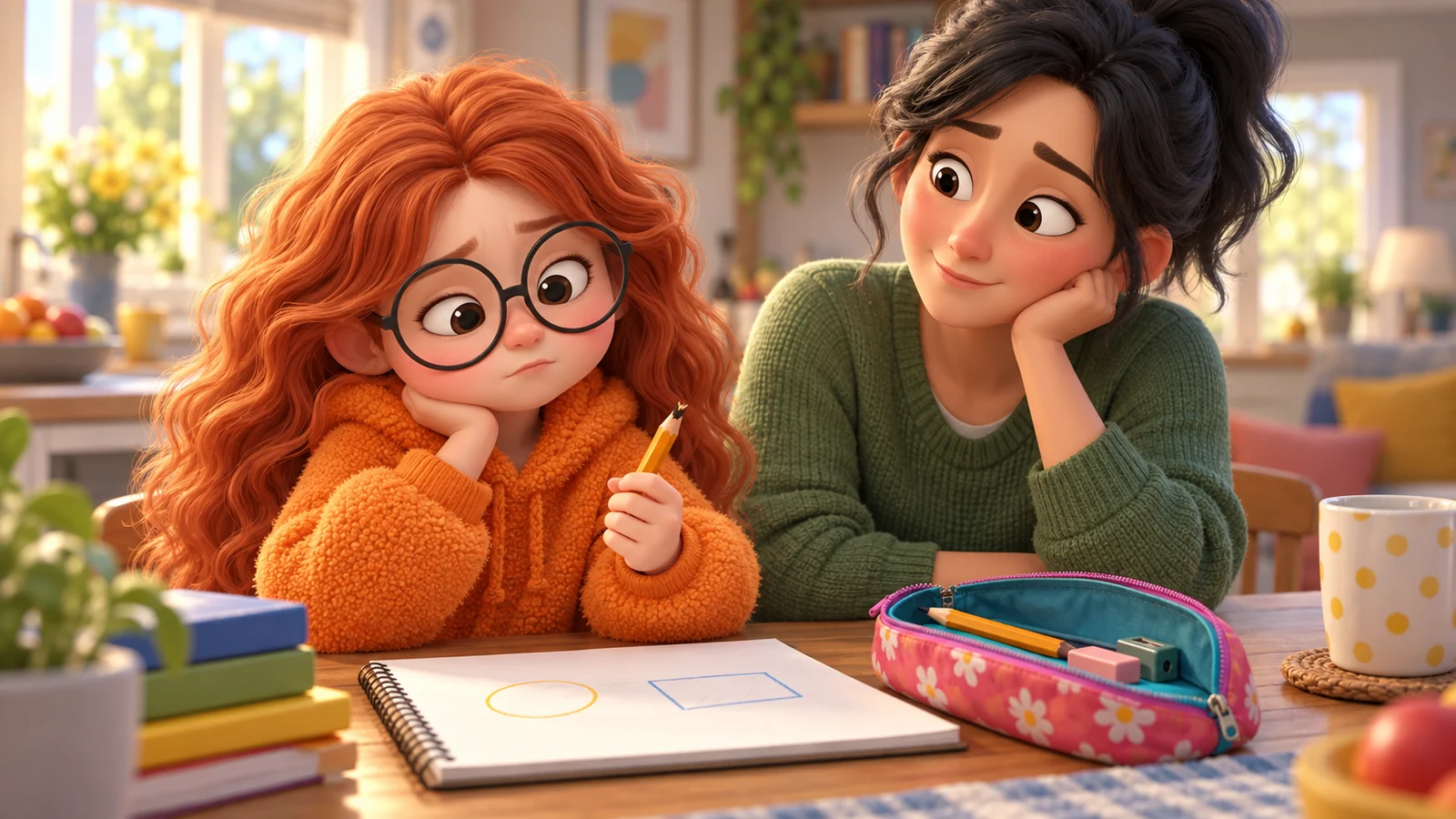 A girl looks at a broken pencil beside her open pencil case and waiting parent.