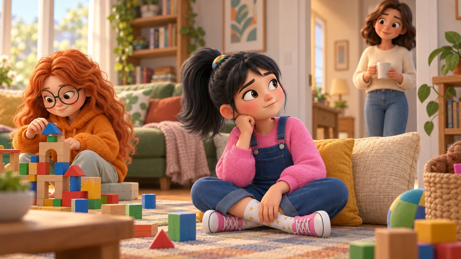 A girl pauses beside a cushion while her friend builds nearby during a home playdate.