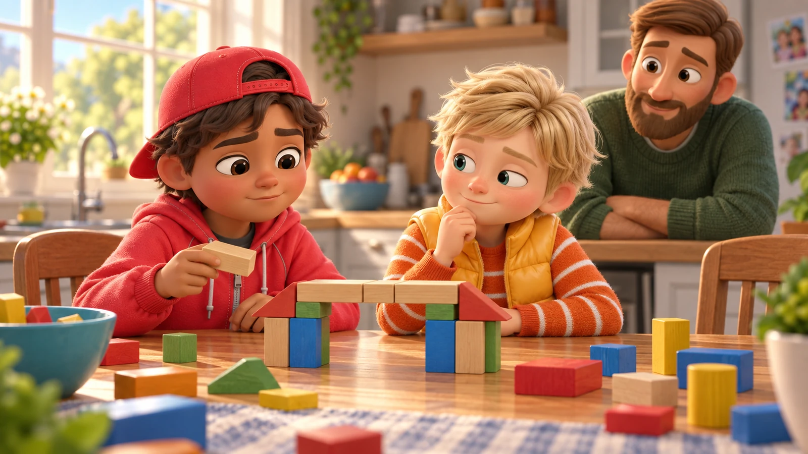 Two boys build a block bridge at a kitchen table while a dad watches from behind them.