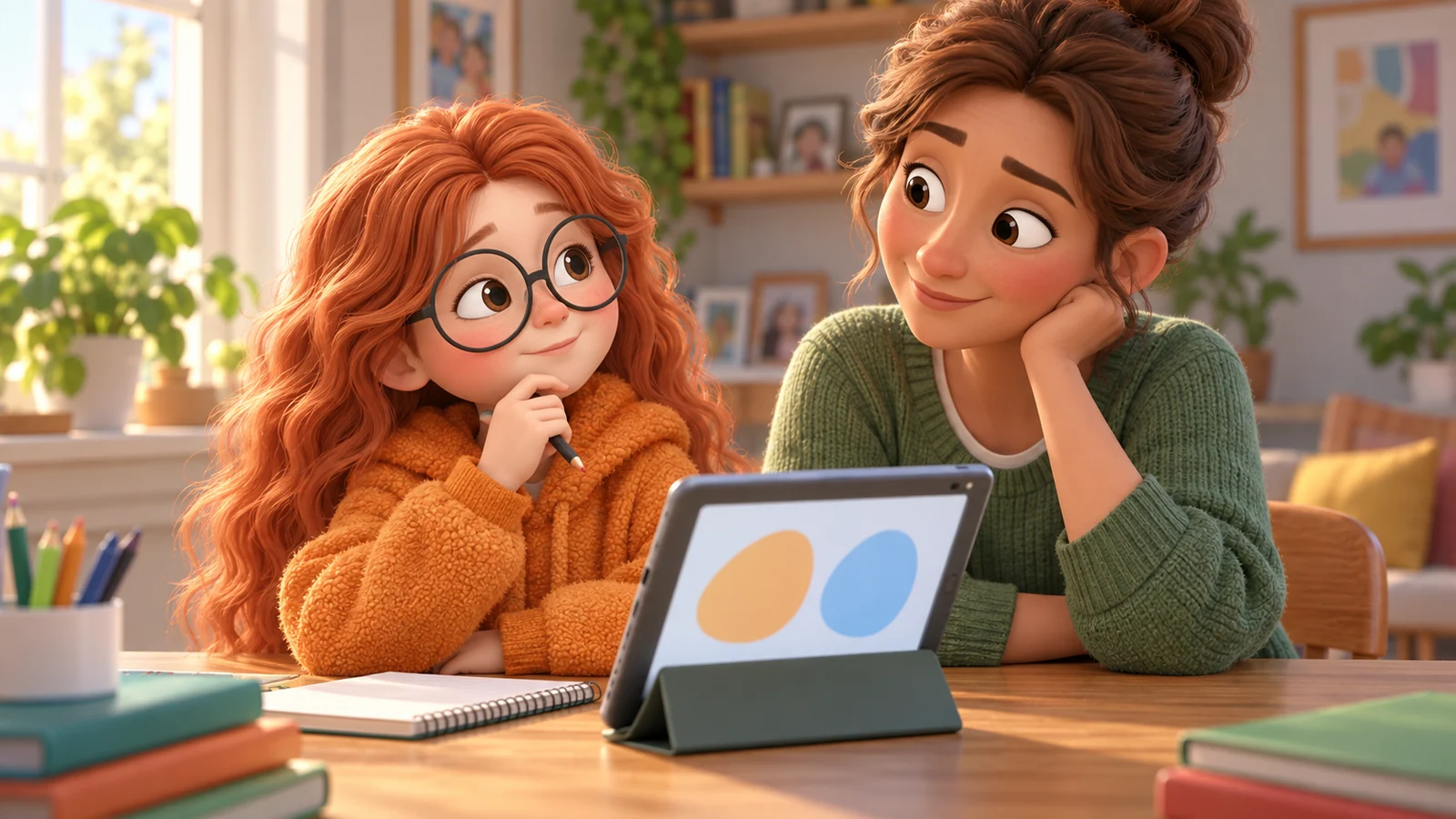A girl with glasses and her mom look at each other across a tablet propped on a table at home.