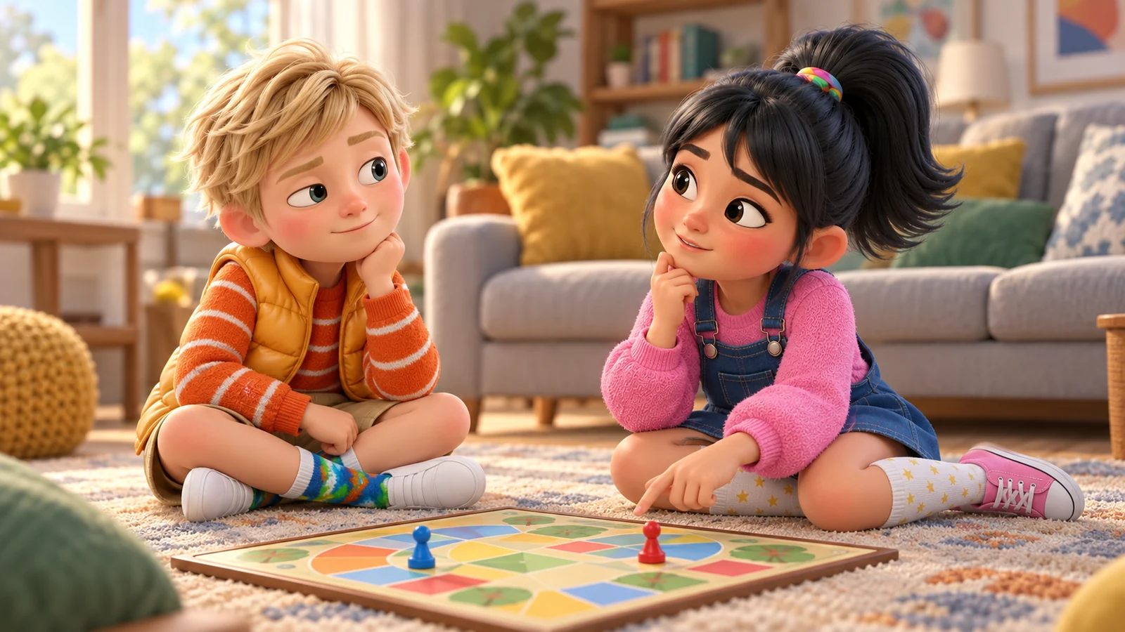 Two children pause over a simple board game before deciding their next move together.