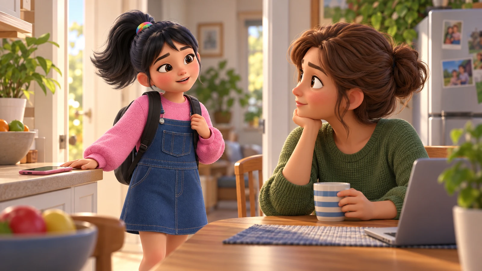 A girl approaches her mom after leaving a phone face down on the kitchen counter.