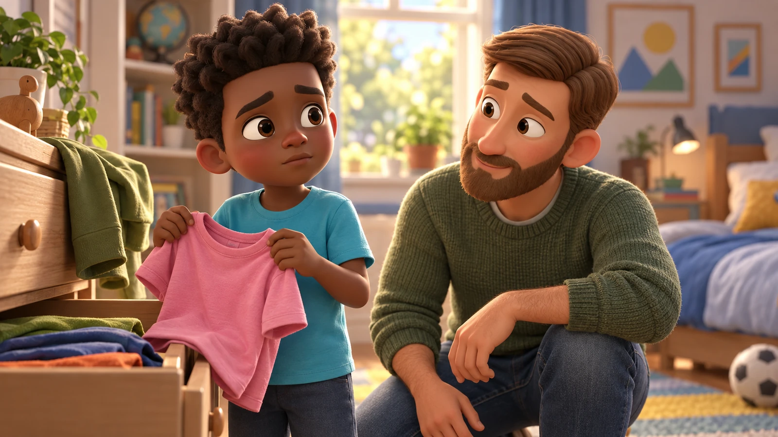 A boy pauses with a pink T-shirt beside an open drawer while his father listens.