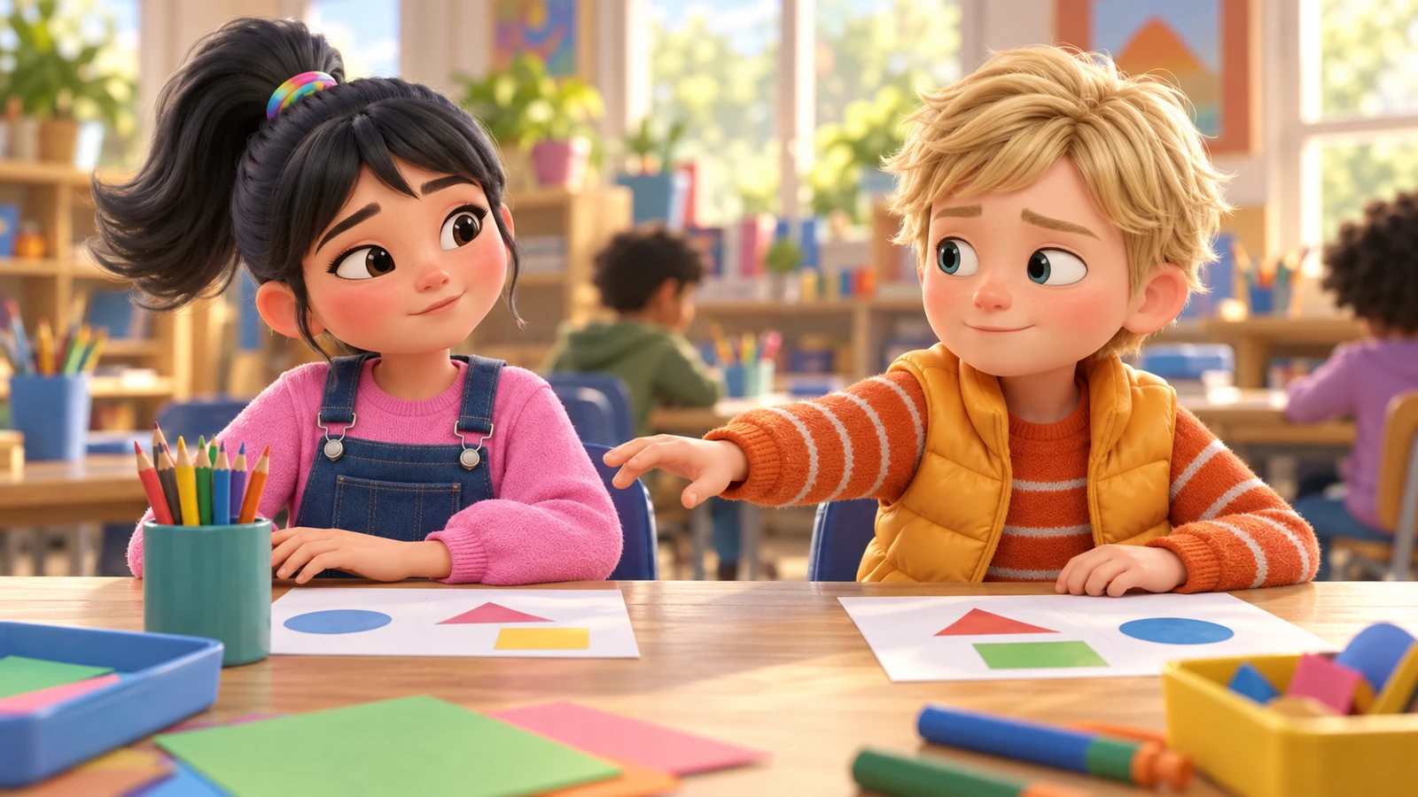 A girl rests her hand beside her pencils as a classmate reaches toward them.