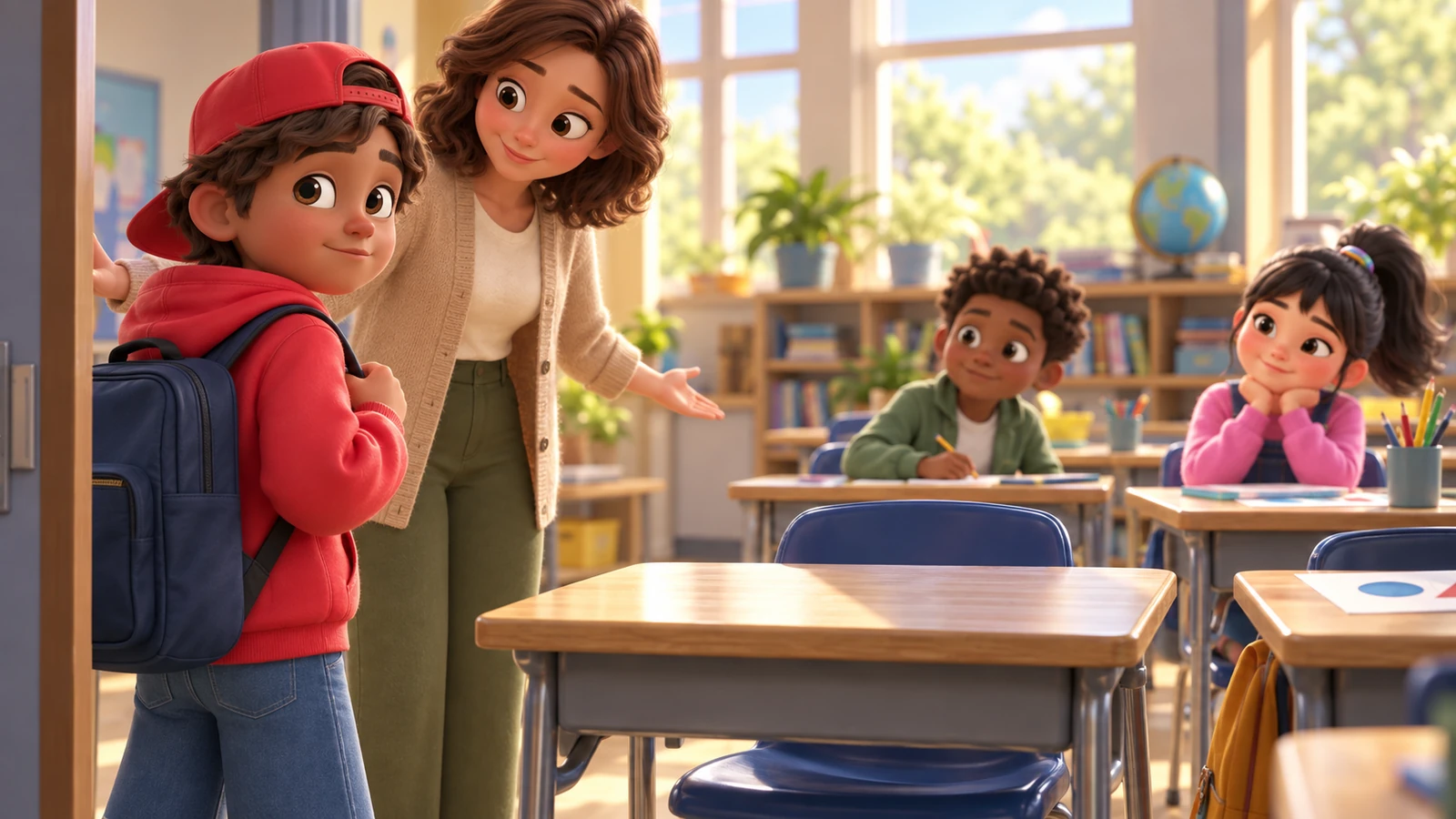 A boy with a backpack pauses beside his new teacher at the classroom doorway.