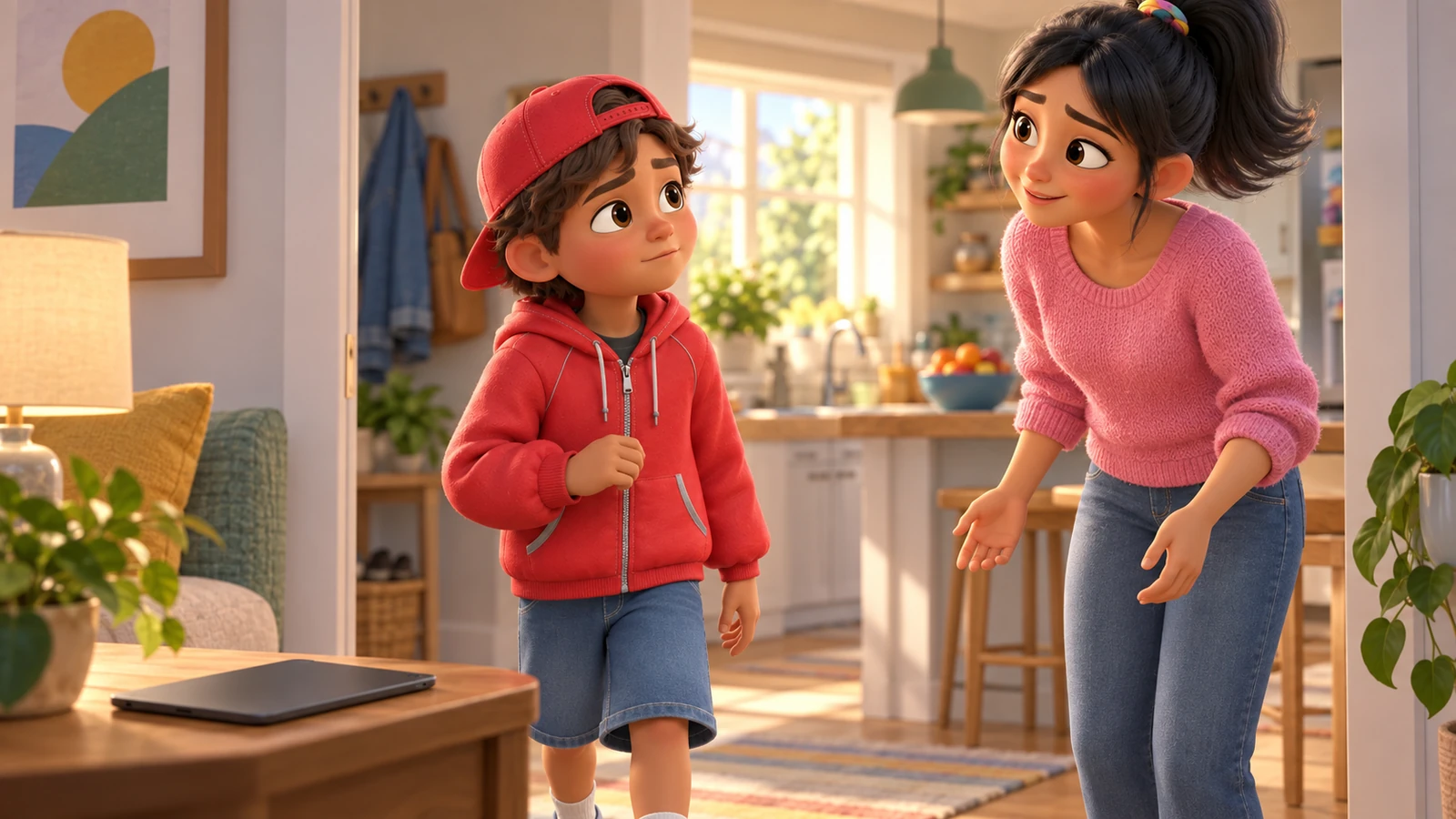 A boy steps away from his tablet and approaches his mother in the kitchen doorway.