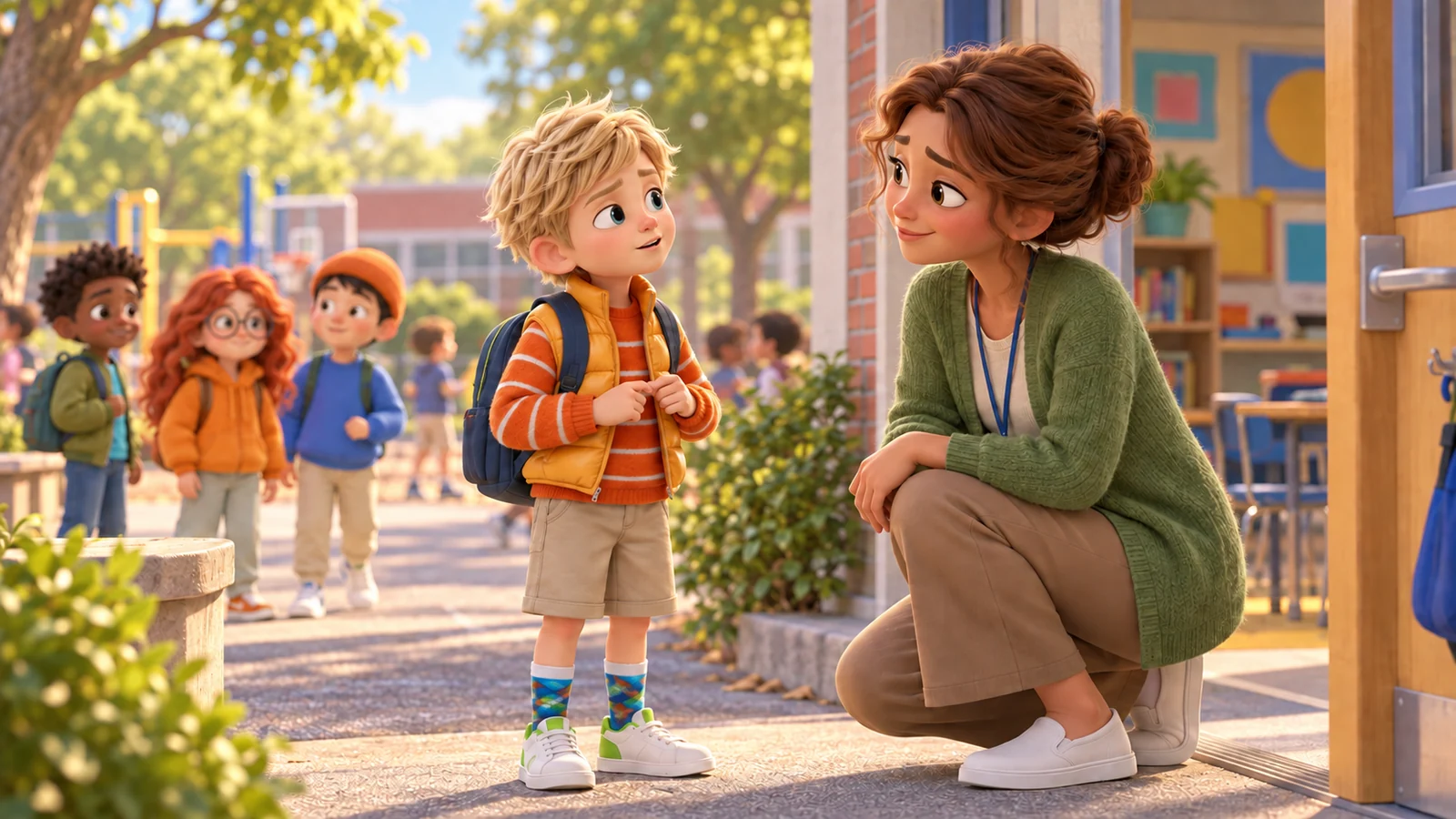 A boy pauses beside a playground teacher before asking for help with a problem.