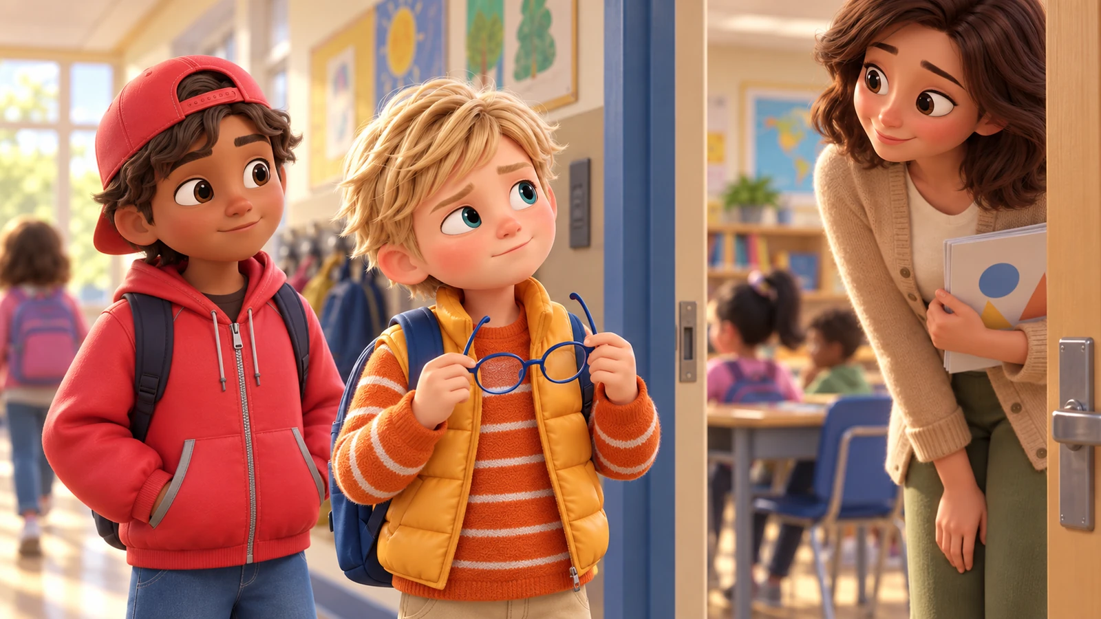 A boy holds his glasses by the classroom doorway while his teacher and a classmate wait.