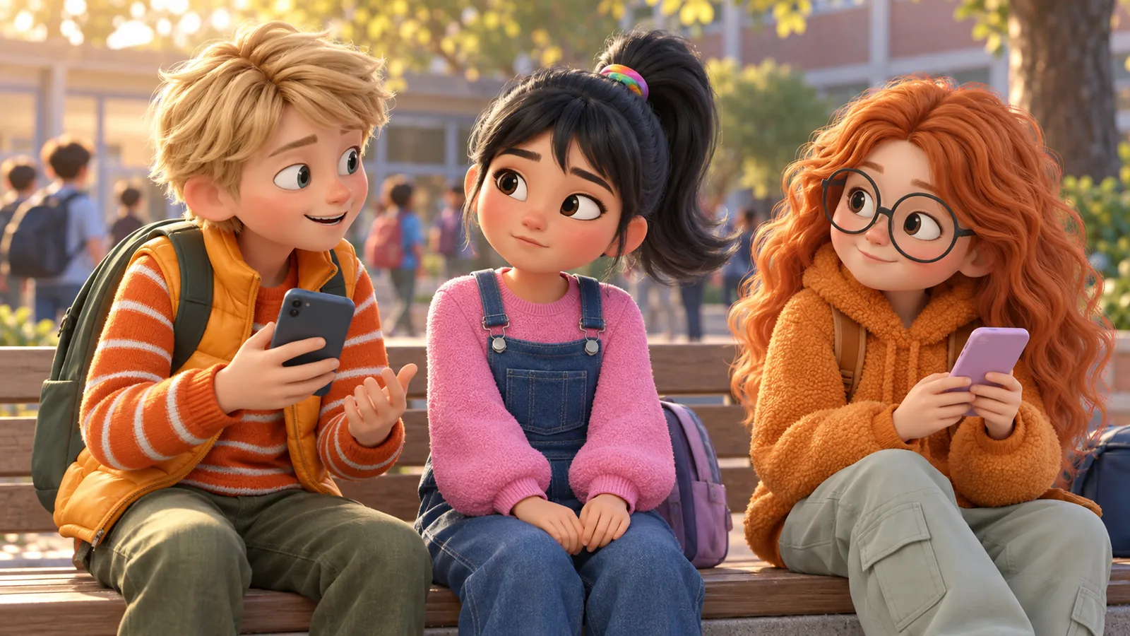 A girl without a phone sits beside two classmates holding their phones on a courtyard bench.