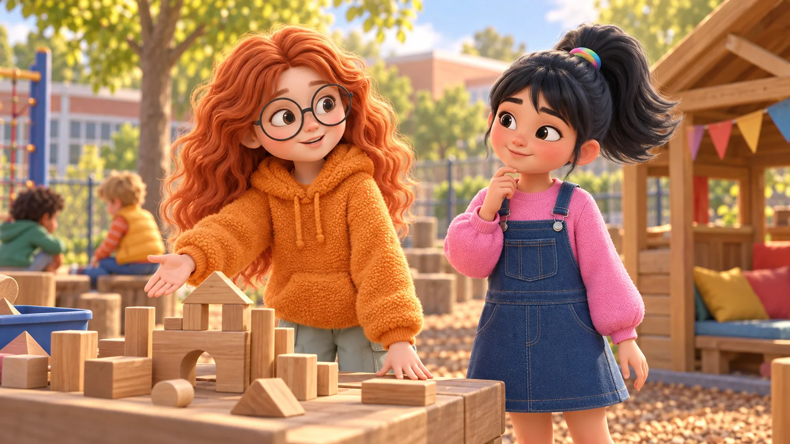 A girl pauses beside a friend who is deciding how their playground game should go.