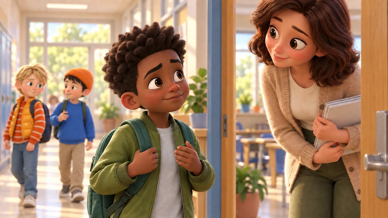 A boy walks toward a teacher by an open classroom door, leaving two children behind.