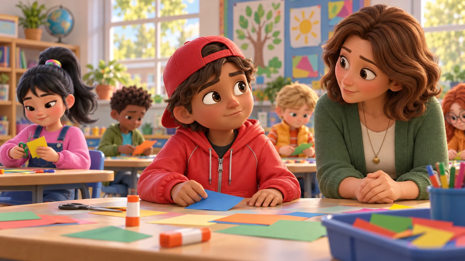 A boy pauses with his teacher after a craft activity while a classmate works at another desk.