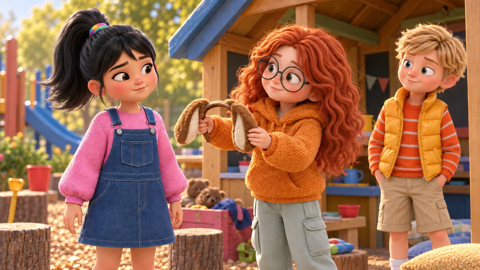 A girl pauses as her friend offers a puppy-ear headband during a playground game.